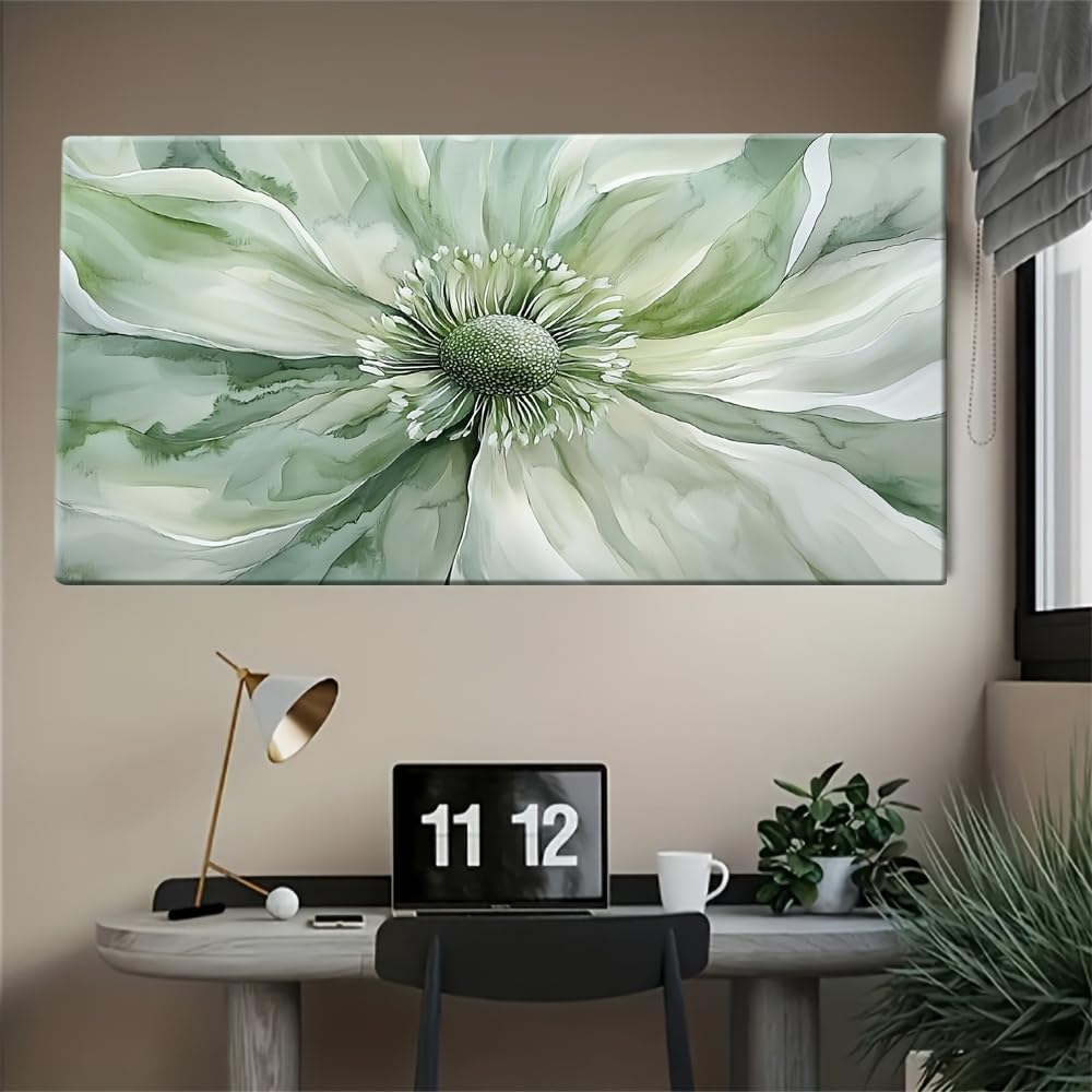 Sage Green Canvas Wall Decor Large Abstract Watercolor Anemone Flower Wall Art Print for Living Room, Bedroom, Bathroom(20x40cm(7.8x15.7in)/Frameless)