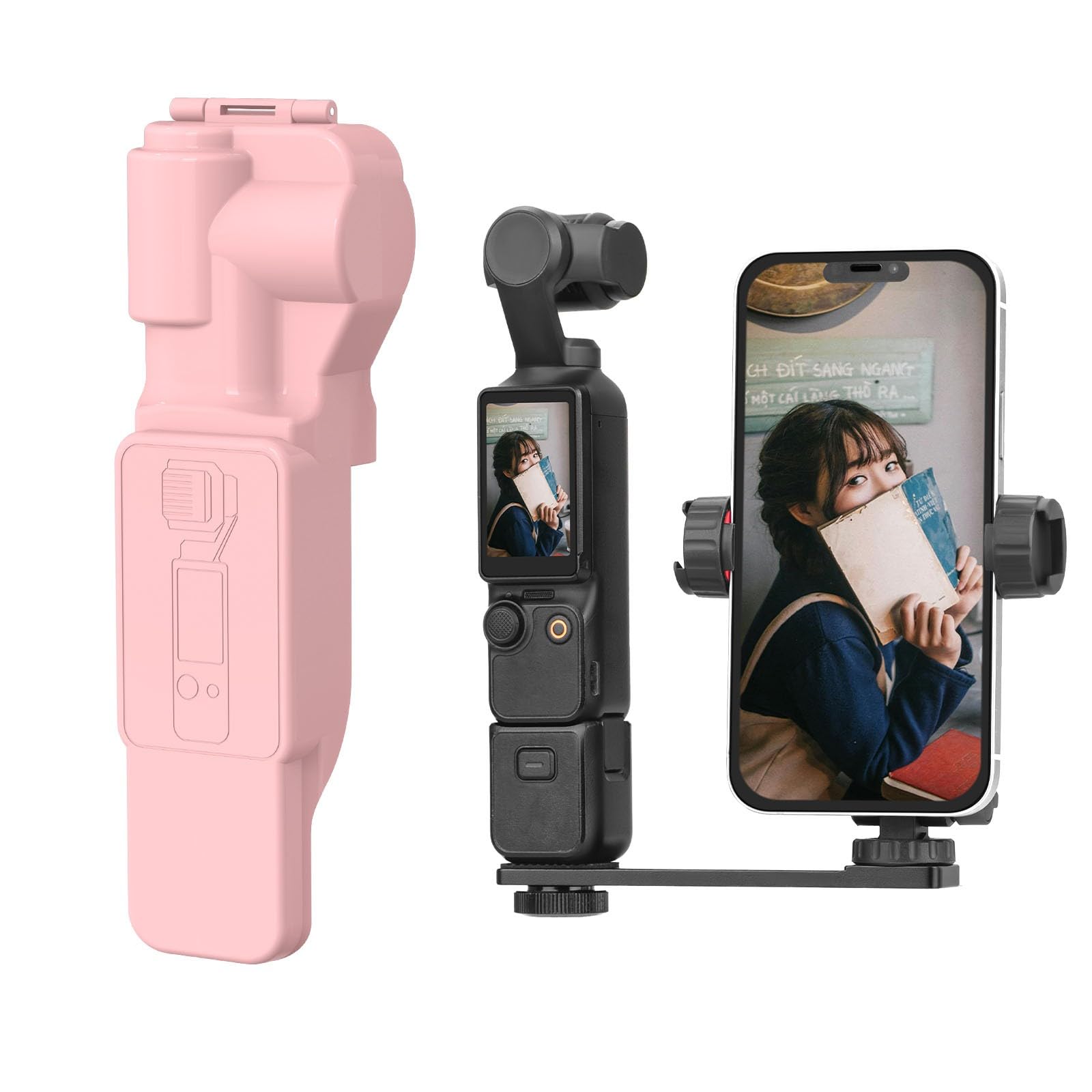 BRDRC Pocket 3 Protective Cover Case & Phone Holder Mount, Gimbal Lens Cap with Metal Adapter for DJI Osmo Pocket 3 Creator Combo - Compatible with Tripod Selfie Stick (Pink)