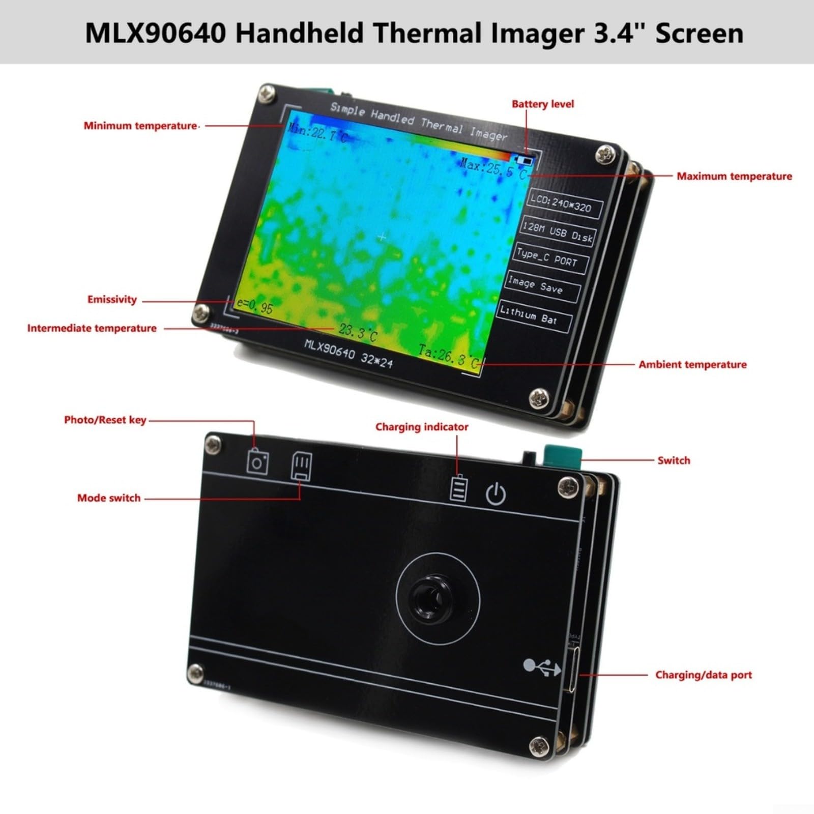 MLX90640 Cámara termográfica portátil con LCD de 2.8 pulgadas, detector de temperatura IR de -40 a 300 °C, actualización de 8 Hz para placa de circuito HVAC DIY