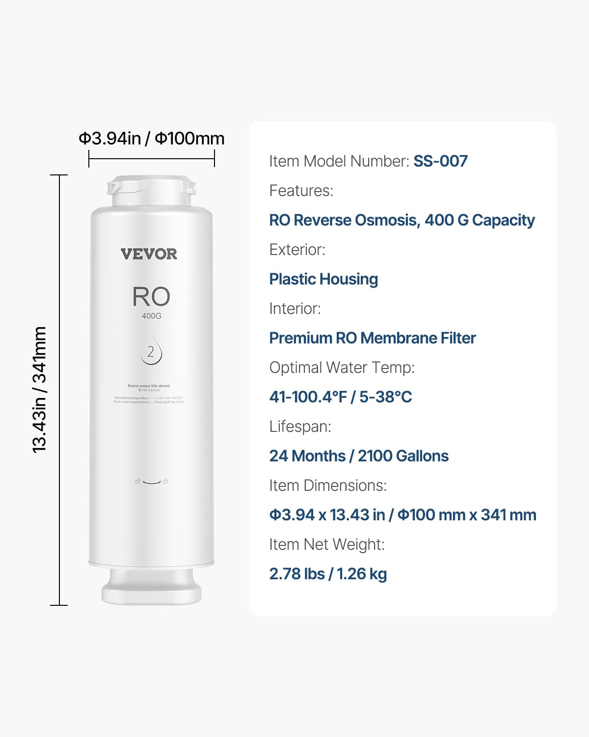 VEVOR Sistema de Ósmosis Inversa, 9 Etapas de 400 GPD, Cartucho de Filtro RO por 24 Meses, Reduce el Plomo, el Cloro y el Óxido, Compatible con el Filtro de Agua Fregadero SS-002, Φ 100 x 341 mm