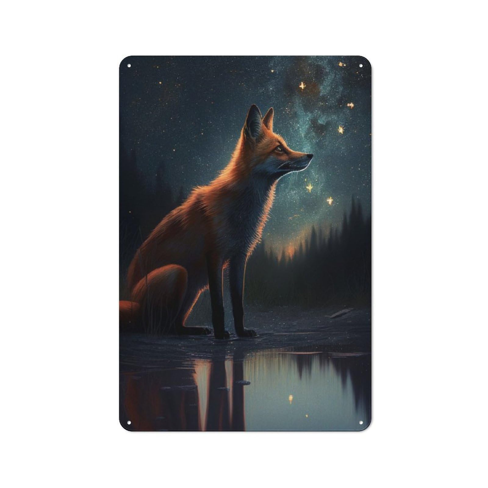 Junmoney Fox Night Animal Retro Metal Wall Sign 30X20cm Featuring For Hallway Wall, For Garage, Workshop And Man Cave Decoration