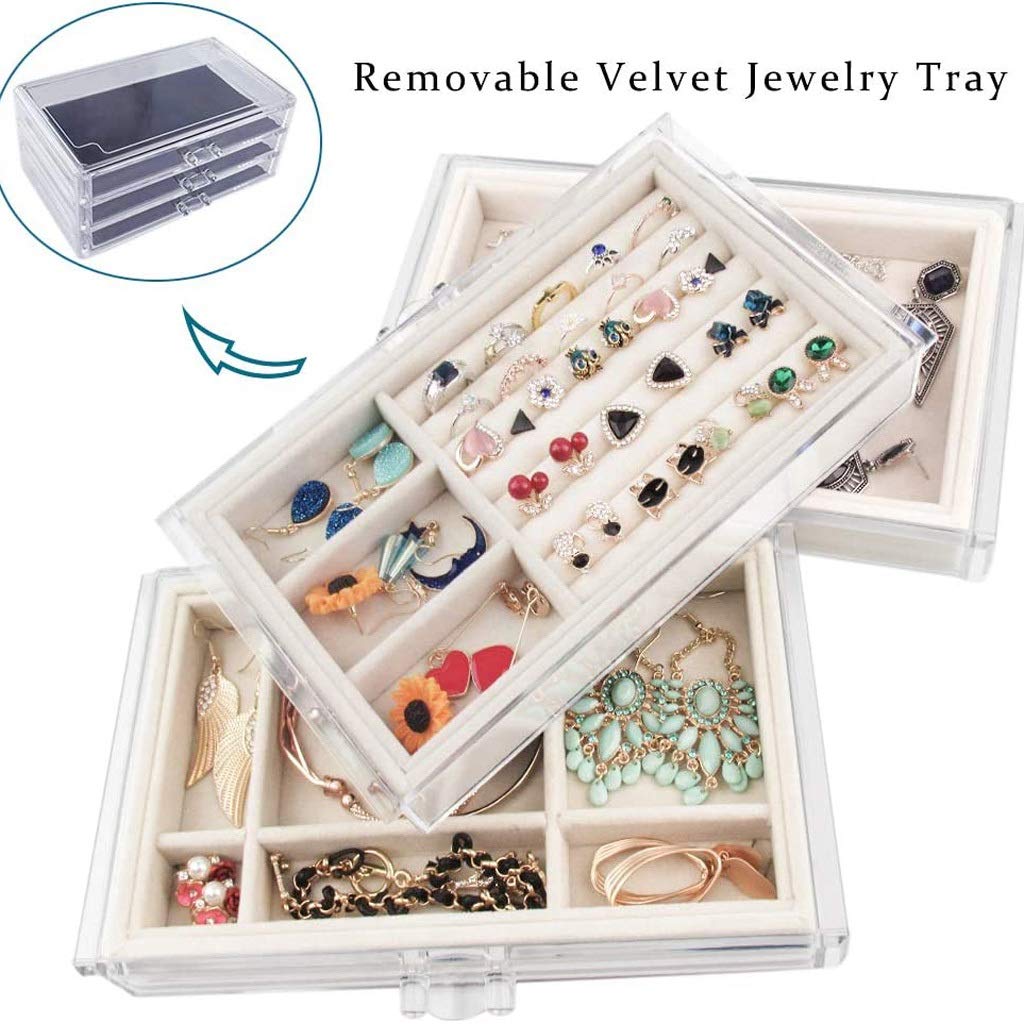 Klassisches Schmuckkästchen Acryl Schmuckschatulle 3 Schublade Schmuck Organizer Samt Schmuck Aufbewahrungsboxen Exquisite Portable Display Case Geschenk geeignet für Damen und mädchen