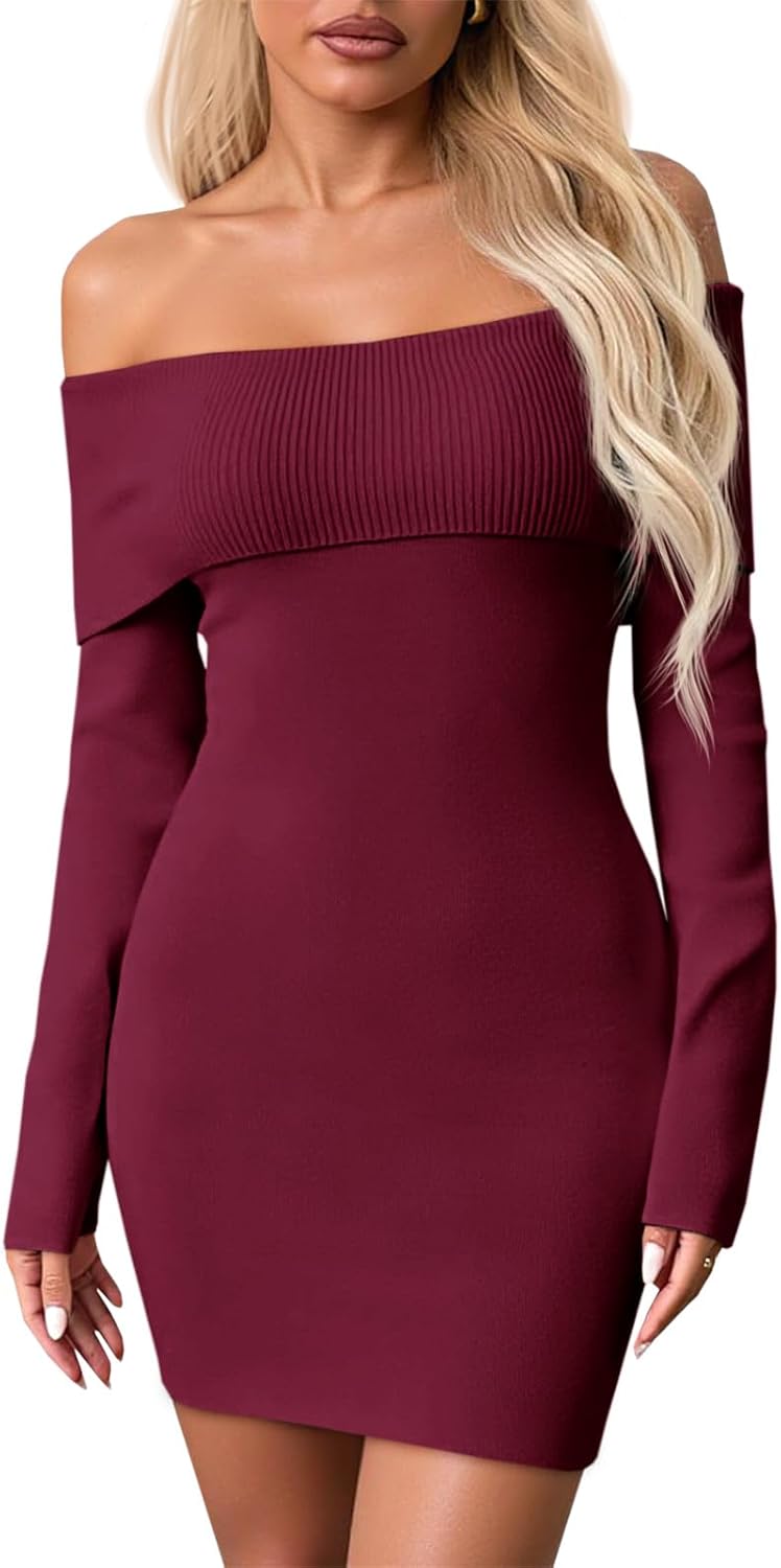 Wenrine Womens Off The Shoulder Sweater Dress Casual Ribbed Knit Long Sleeve Bodycon 2025 Fall Party Mini Dresses