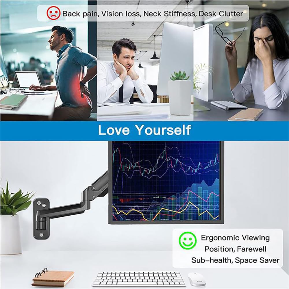 Display con Braccio Pneumatico a Schermo Singolo,Schermo da 17-32 Pollici,Supporto da Parete per Monitor Regolabile per Impieghi Gravosi,Rotazione di 180°,Altezza Disponibile 11,08 Pollici