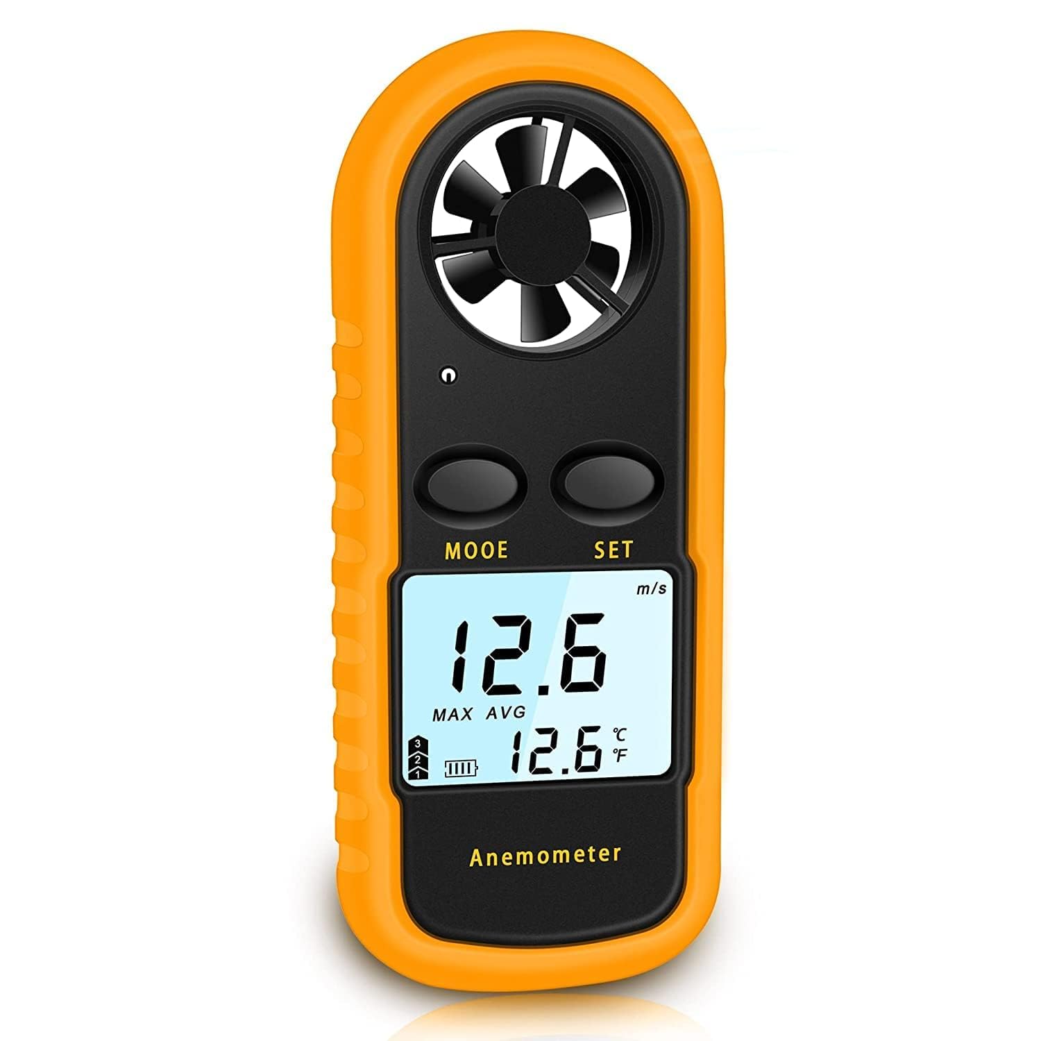 Anemometro Portatile, Anemometro Digitale Precisione +/-5%/2°C, Misuratore Digitale di Velocità del Vento con Display LCD, Velocità Flusso Aria Termometro per Esterni/HAVC/Droni/Caccia/Pesca