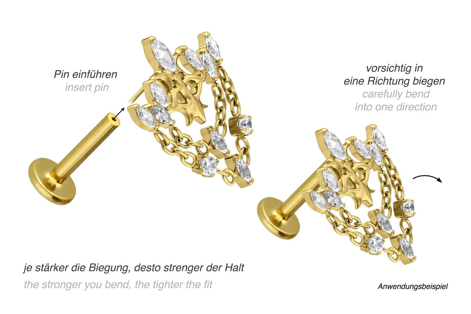 PIERCINGLINE Piercing Stecker Titan Labret mit Push Fit GOTISCHE KRONE + KETTEN - Roségoldfarben, Schwarz, Goldfarben, Silberfarben