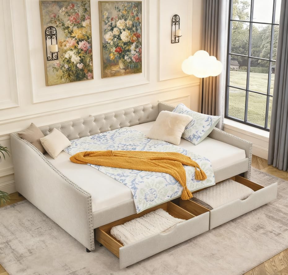 Bellemave Queen daybed with 2 Drawers, Queen Corner Bed, Upholstered Bed Frame with 2 Drawers for Kids,Teens,Adults, Linen, Beige