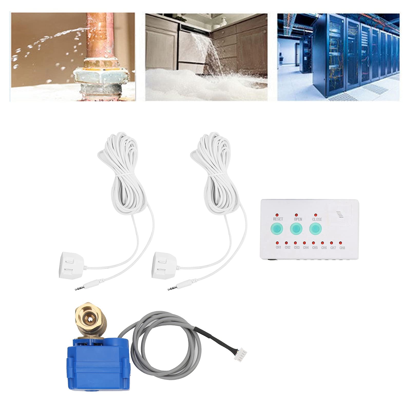 Sensor de Alarma de Fuga de Agua con Chips de Alta Sensibilidad Alarma de Luz y Sonido Válvula Adaptada DN15 para Seguridad de Garaje Doméstico (Enchufe de la UE)