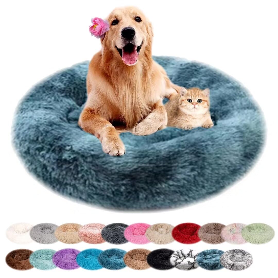 nvdsivee Dog Bed Plush Round Cat Bed for Indoor Cats Puppy Bed Washable Calming Dog Beds Cushion for Small Medium Large Dogs Dog Mattress with Anti-slip Bottom White Blue 70cm