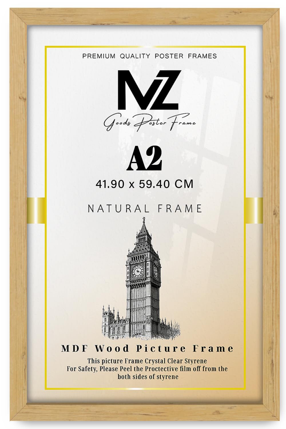 Mz Goods Pine Engineered Mdf Poster Frame A2 (23X16 Inch) – Flat Style, 30Mm X 15Mm, Uv-Protective Perspex, Solid Hook, Horizontal/Vertical Wall Mount, Lightweight –
