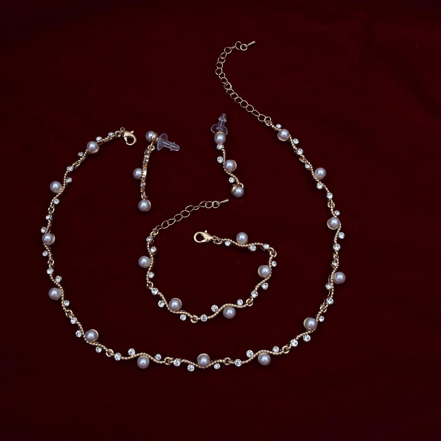 Bridal Pearl Choker Necklace Earrings Bracelet Wedding Crystal Jewelry Set for Women Brides Bridesmaid Prom - Image 2