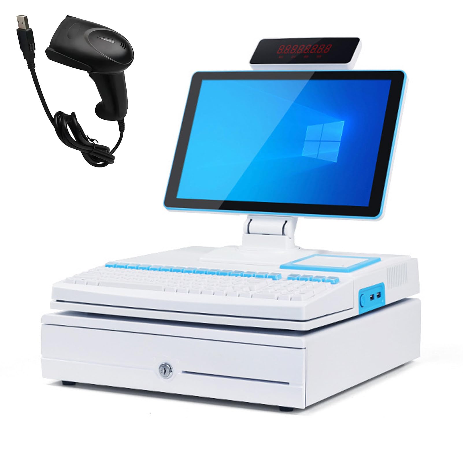 PweKzxt All-in-one Cash Register for Restaurants & Retail, Single/Dual Screen, with Barcode Scanner, Printer, Cash Drawer, for Retail Restaurant Supermarket White-SingleDisplay
