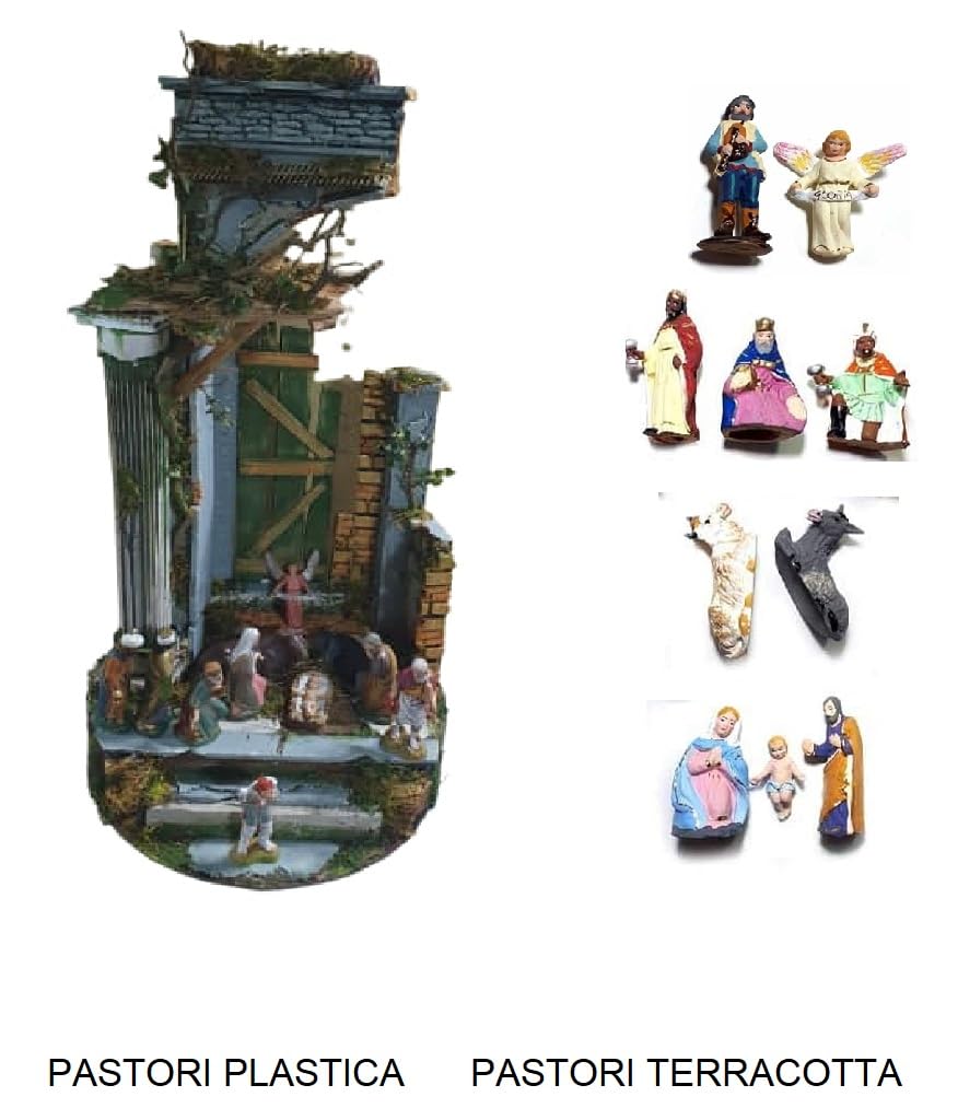 Tempo Weihnachtskrippe komplett Durchmesser 30 cm Höhe 60 cm Holz und Kork mit oder ohne 11 Schäfte 10 cm Terrakotta oder Kunststoff, geeignet für Glasglocke