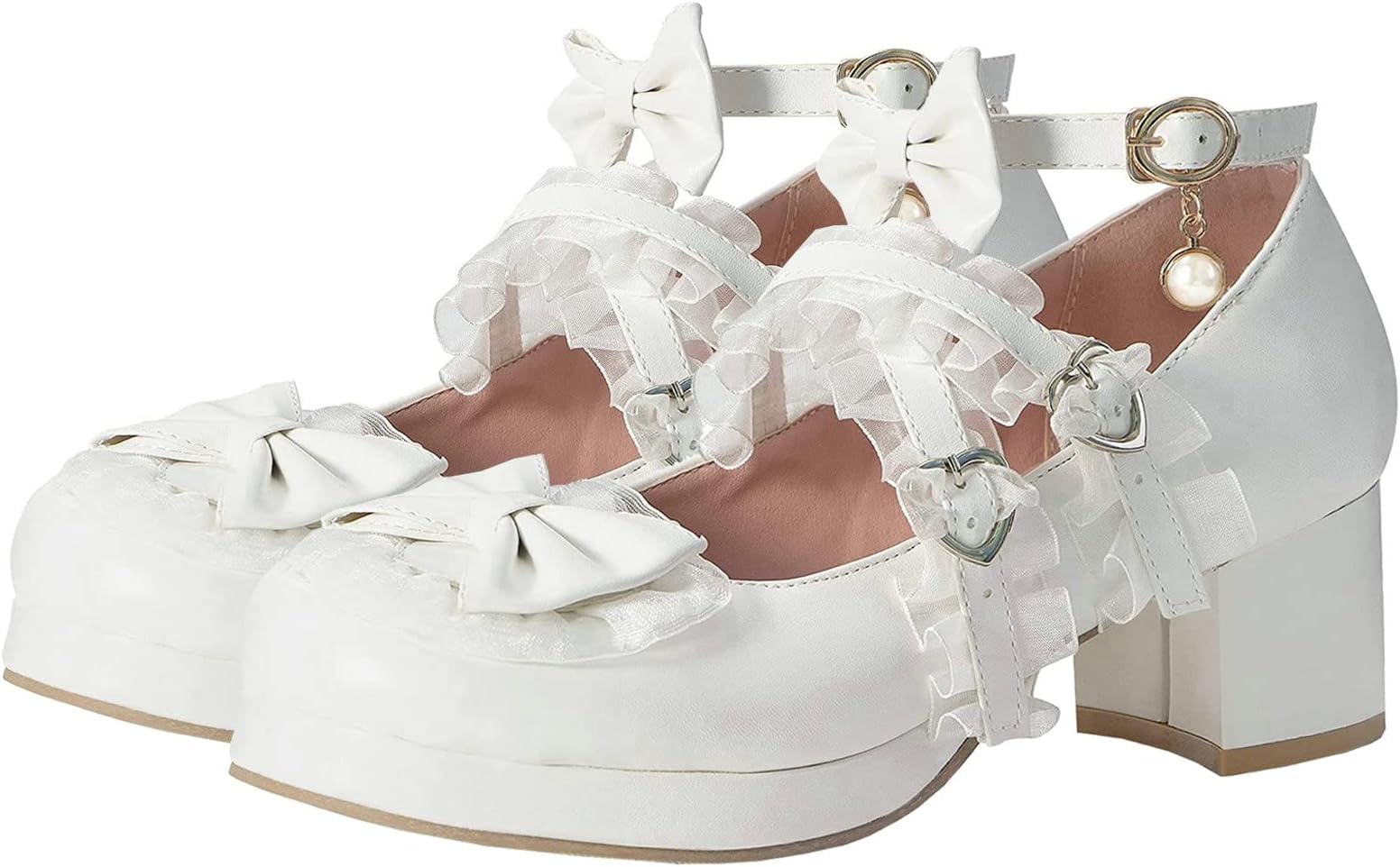 LUXMAX Women Cute Shoes Kawaii Pumps Mid Block Heel Mary Janes Platform Sweet Cosplay Dress Shoes Strappy Ankle Strap Pumps with Bow