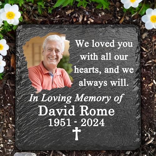 PEMIRSAYO Memorial Stone with Picture, Memorial Plaques for Outdoors, Personalized Memorial Gifts, Sympathy Gift, Bereavement Gifts, in Memory of Loved One - Love You with All Our Hearts Square