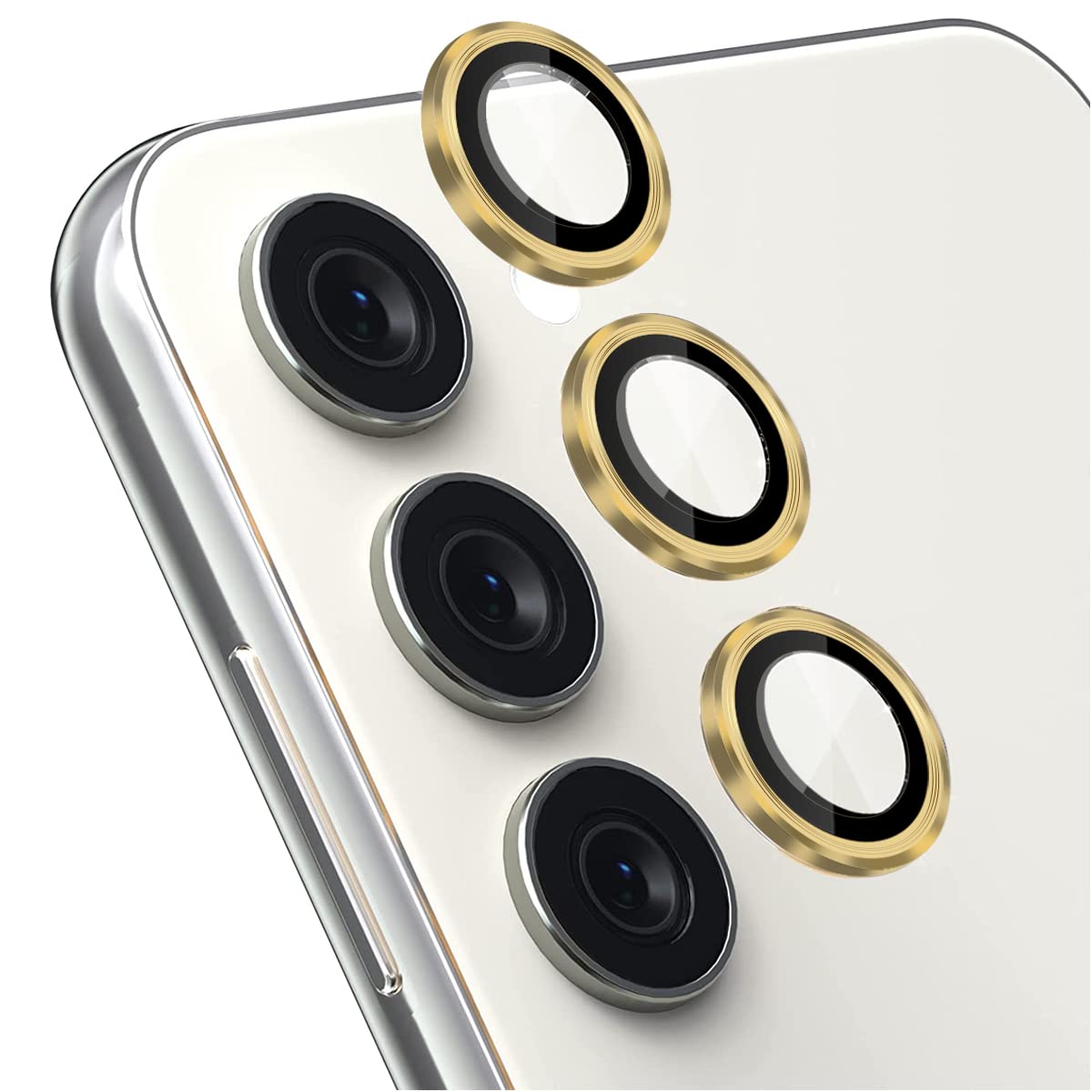 Galaxy S23 カメラフィルム【9H強化ガラス+アルミリング 二重保護】 カメラ保護フィルム キズ防止 耐衝撃 極薄 防滴 防気泡 防塵 飛散防止 粘着性強い ケースに干涉なし Galaxy S23 専用 レンズカバー (ゴールド)
