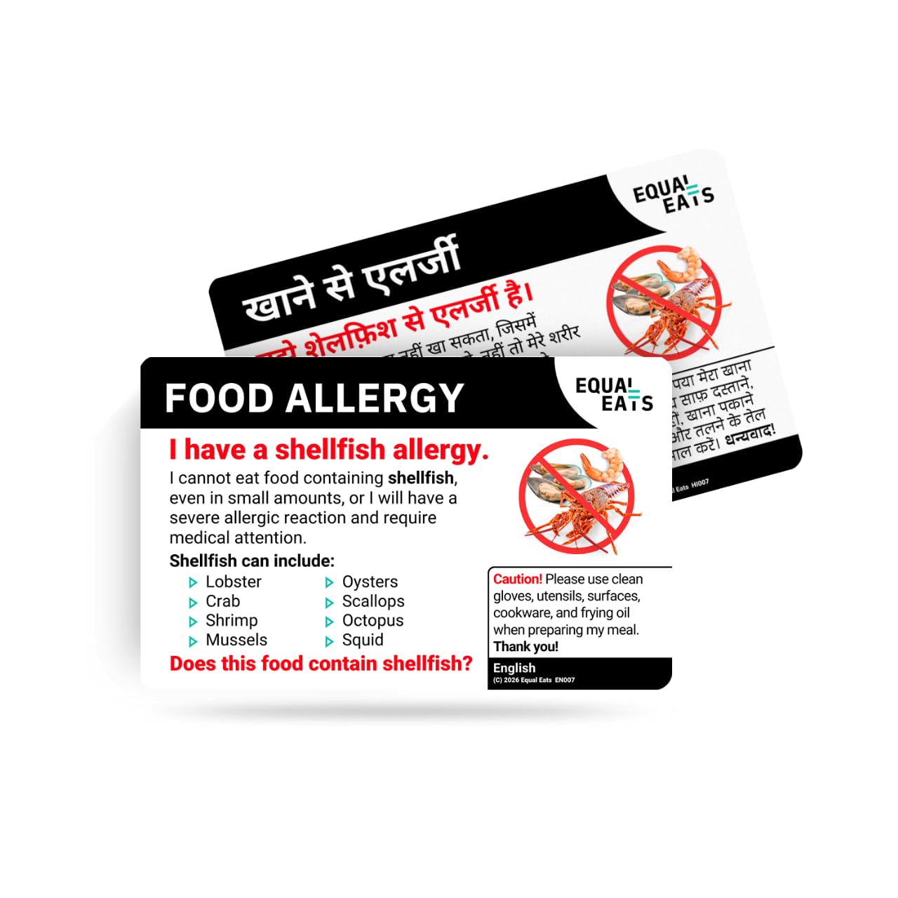 Equal Eats Shellfish Allergy Translation Card, Credit Card Size, English, Food Allergy Alert Card (Hindi)