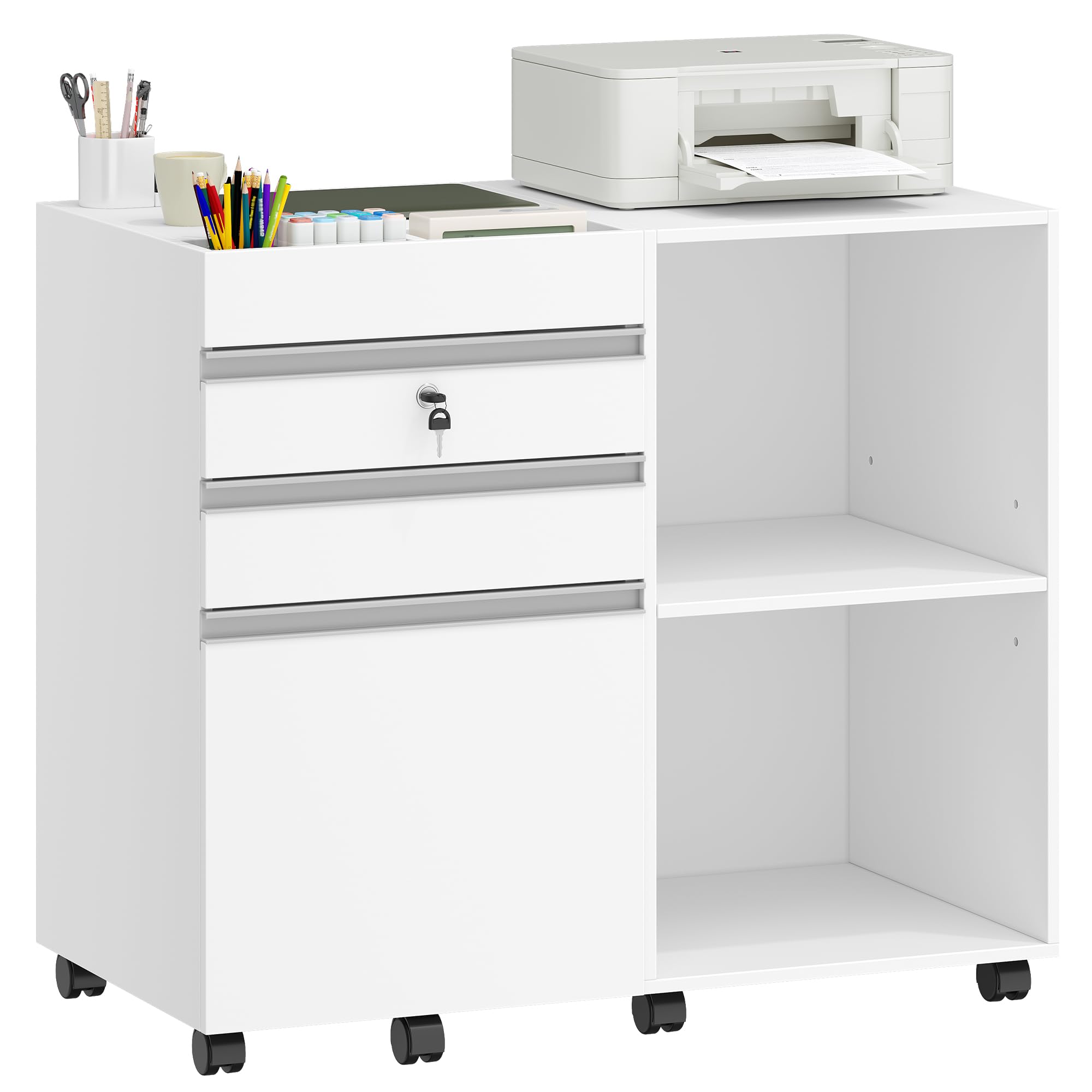 Hzuaneri 3-Drawer Mobile File Cabinet, Filing Cabinet with Lock, Under Desk Storage with 2 Adjustable Shelves, Fits A4, Legal, Letter, for Home, Office and School, 40 x 80 x 65 cm, White, FC42003X