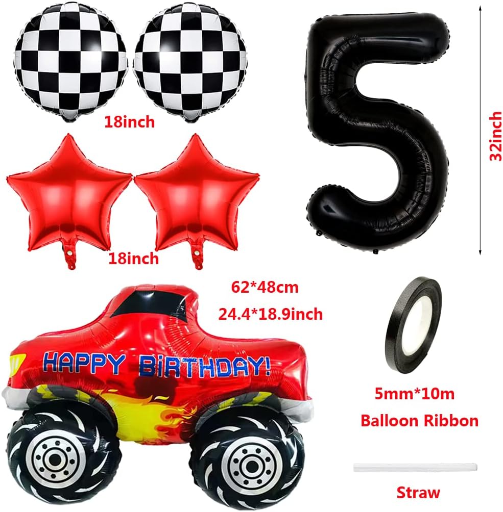 Liitata Giant Race Car Balloons - 5th Birthday Truck Decor Black Foil Balloons with Checkered Flag and Star for Boy's Party - Image 3