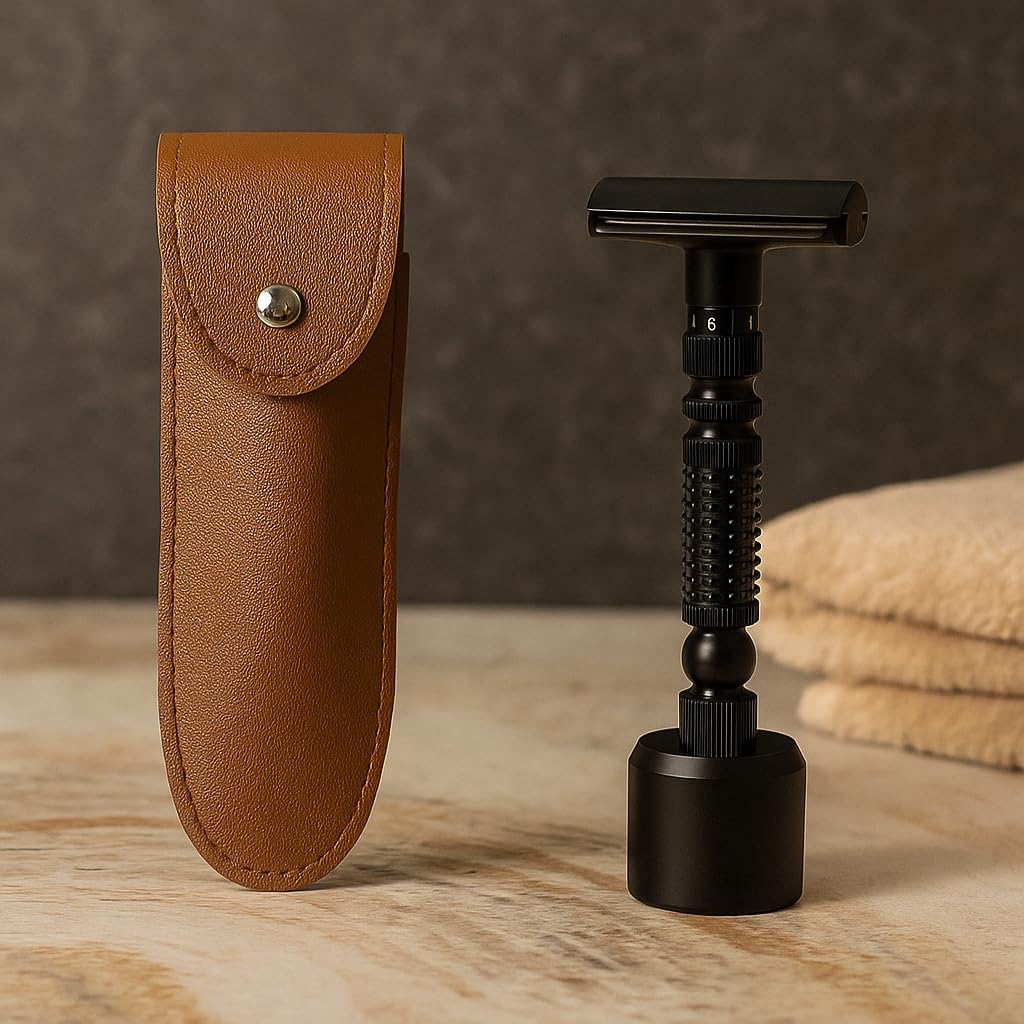 Adjustable double-edged safety razor with 10 platinum-plated stainless steel razor blades + optional stand + complimentary holster, reusable razor, smooth close shave (Black + base + holster)