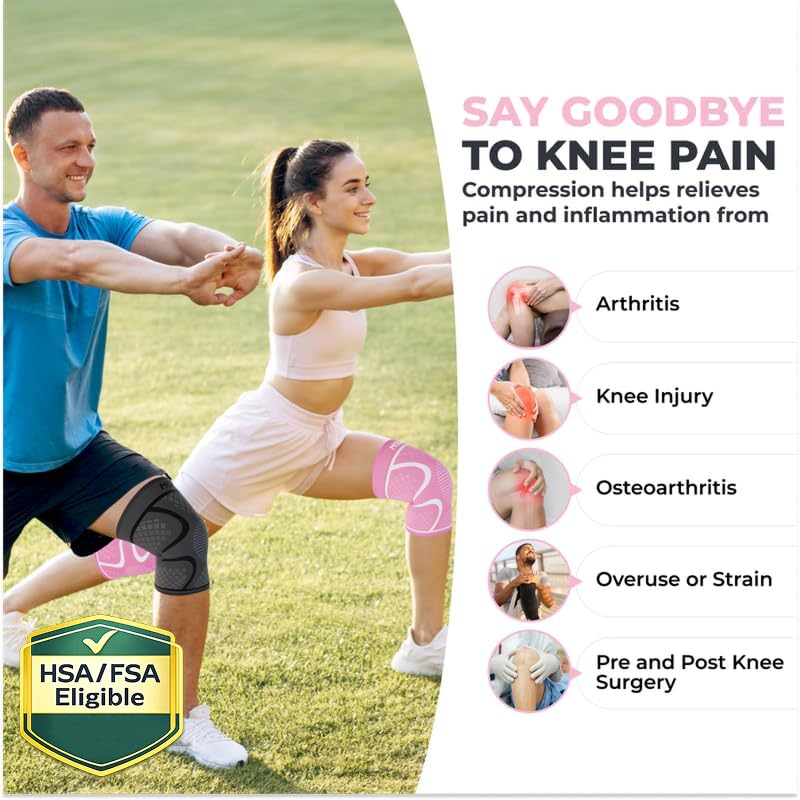 Modvel 2 Pack Knee Brace for Women & Men - Workout Knees Compression Sleeve for Knee Pain Relief Joint Support for ACL, Arthritis, Meniscus Tear Knees Brace for Sports, Rodilleras para Gym Fitness