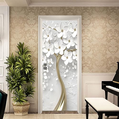 Miniatura 4 de Pegatinas 3D para puerta, calcomanías de pared doradas en relieve, flores blancas en relieve, calcomanías de pared para puerta de madera,
