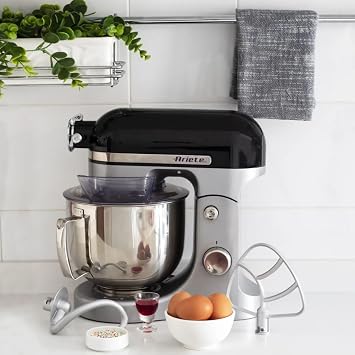 Ariete Moderna Kitchen Chef Black Gray 1589/02 - Cast Body, Planetary Mixer Kneader, 1600 Watt, 11 speed, 5.5 Lt Stainless Steel Hopper, Anti-Splash Cover, 3 Hopper Apparatus
