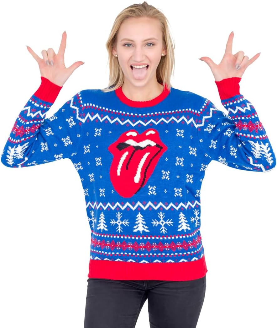 Rolling Stones Classic Tongue Royal Blue Ugly Christmas Sweater (Adult 3X-Large)