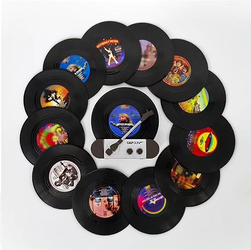 Miniatura 3 de Divertidos posavasos retro para discos de vinilo, juego de 6 posavasos creativos con soporte para tocadiscos de vinilo para amantes de la música,