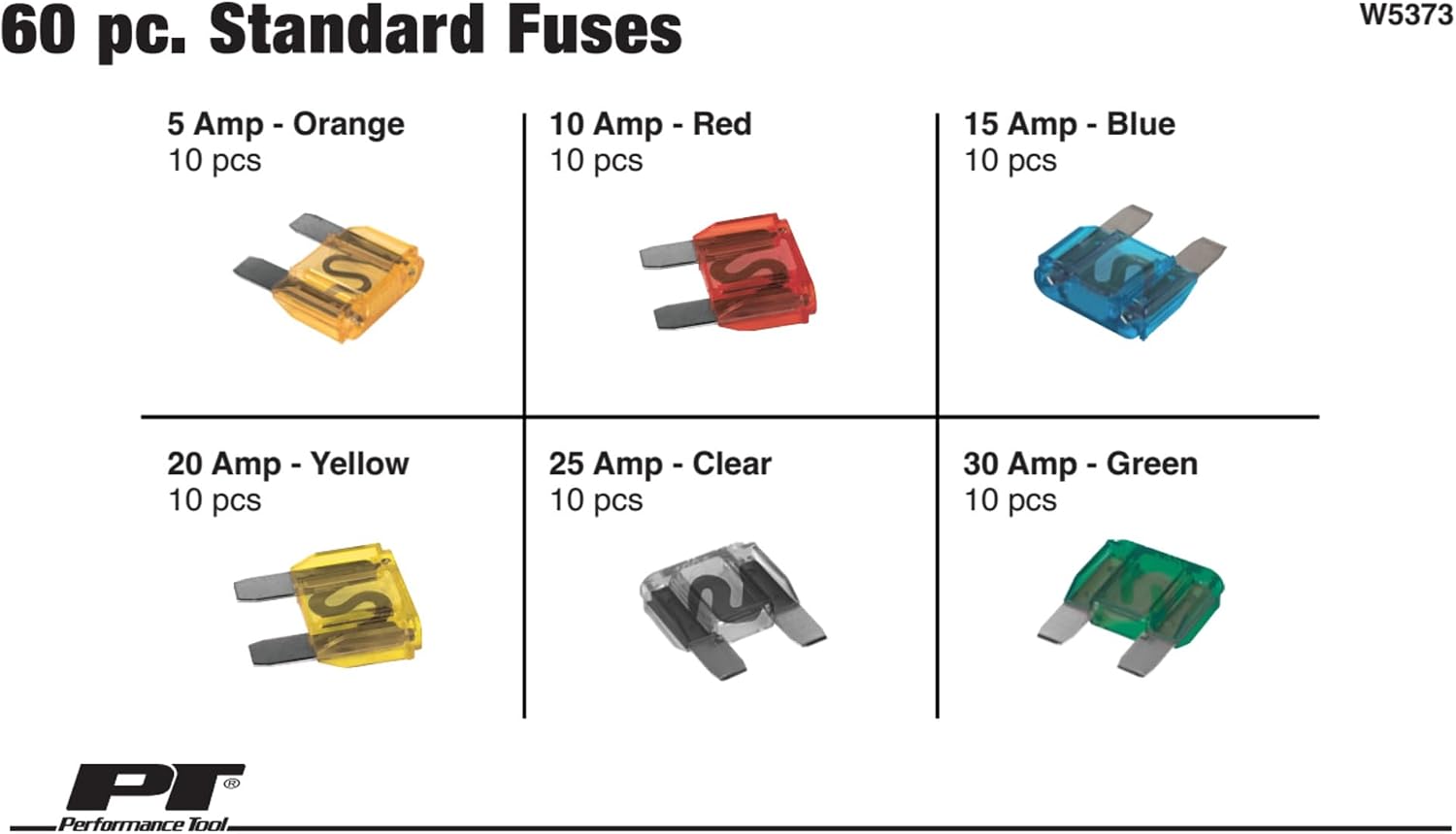 Performance Tool W5373 60-Piece Standard Fuse Assortment With Wide Range of Amp Ratings (5A, 10A, 15A, 20A, 25A, and 30A).