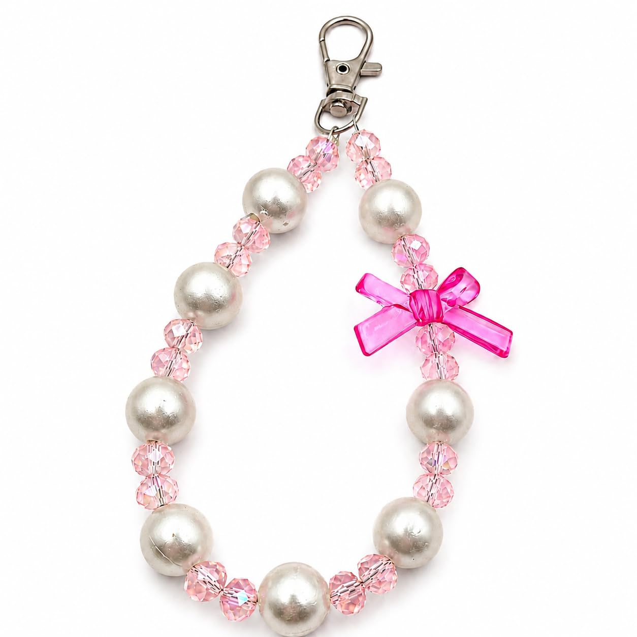 Pink Bow Beaded Phone Charm | Pearl & Crystal Beads, Lobster Clasp, Pink Bow Accent-image-16