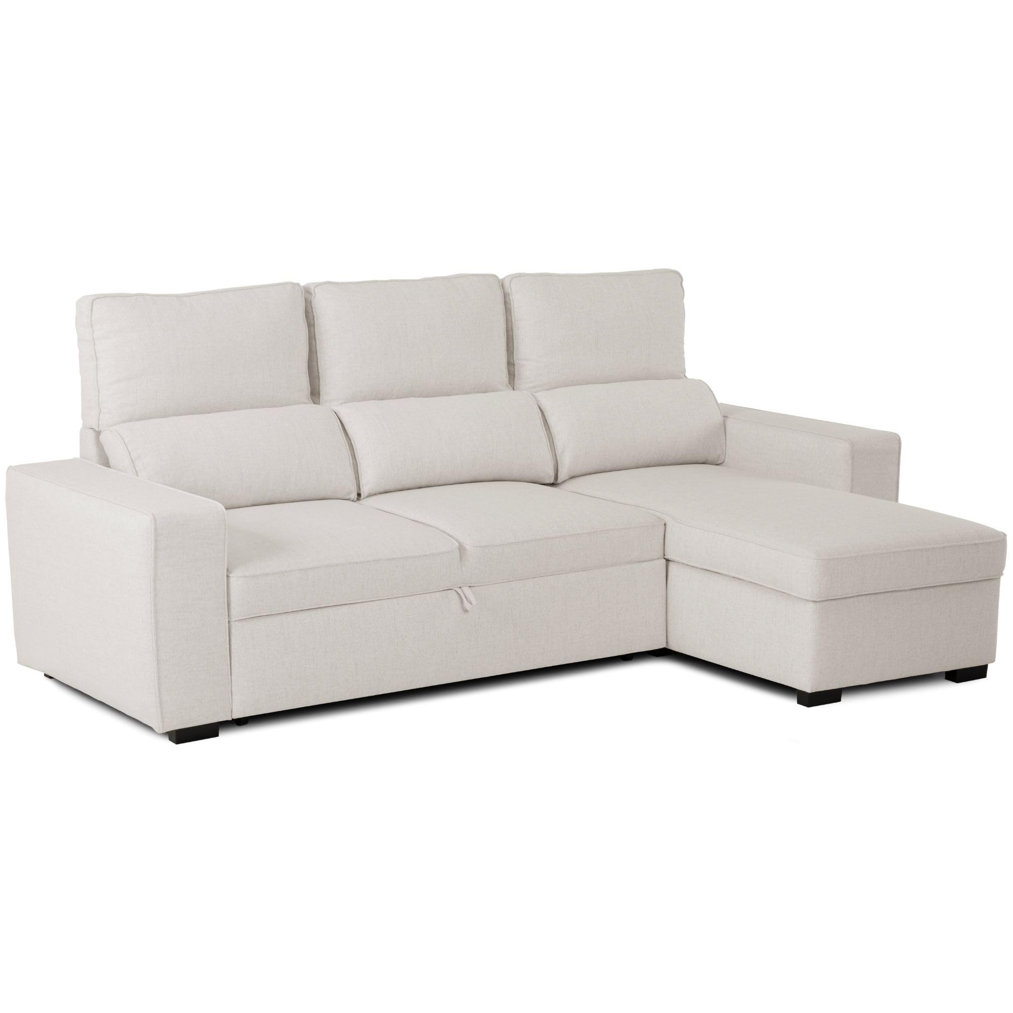 BUDWING Harper Sofá Cama 3 Plazas - Chaise Longue Reversible – Almacenamiento Integrado, Asiento Deslizante – Tapizado en 100% Poliéster – 248,5x156x103 cm – Beige Marfil