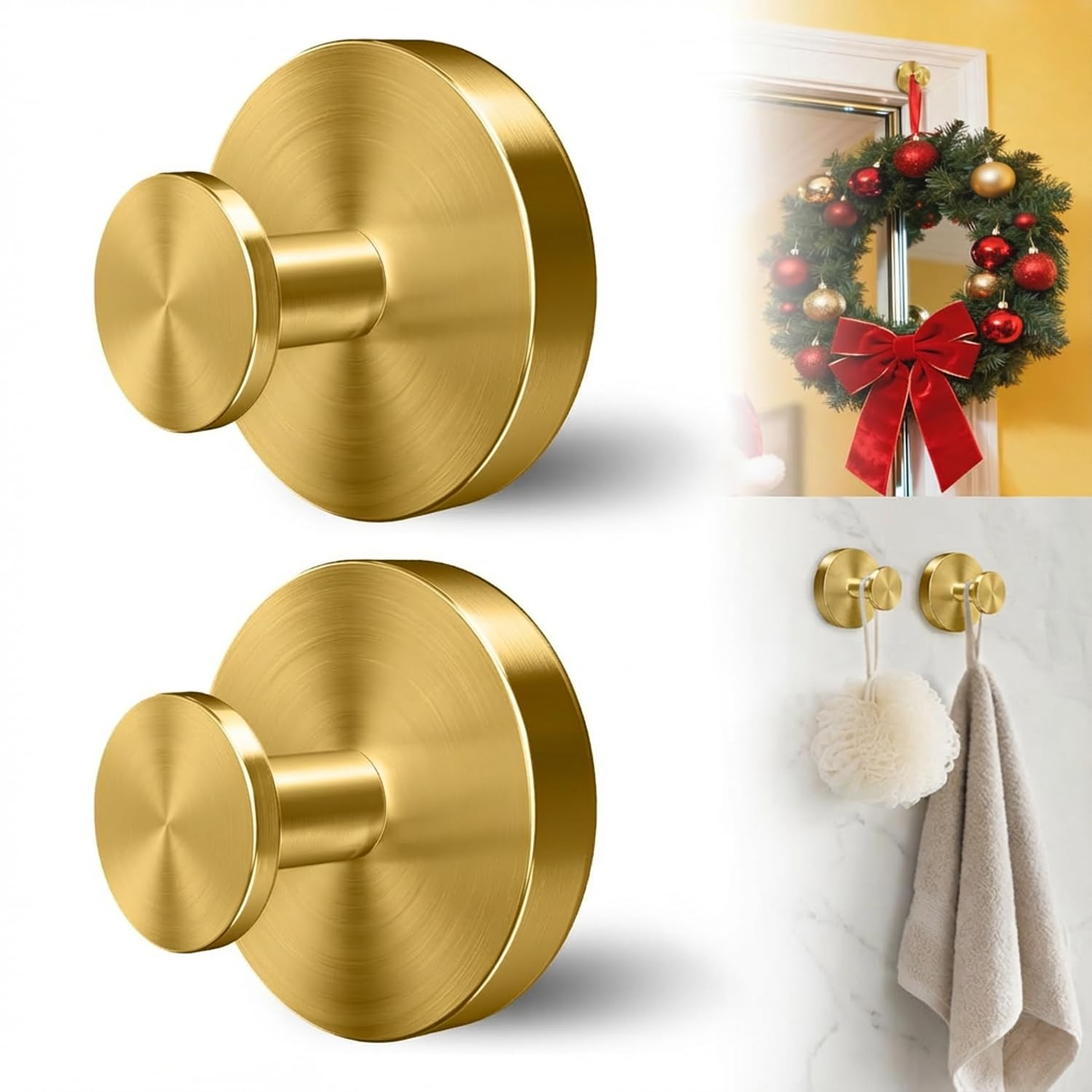 Hxjfgdm Gold 2-Pack Suction Cup Hooks For Shower & Glass Window - Heavy Duty Stainless Steel Vacuum Suction Hooks - Removable No-Drill Towel Holder For Bathroom, Loofah, Robe & Front Door Wreath Hanger (Gold)
