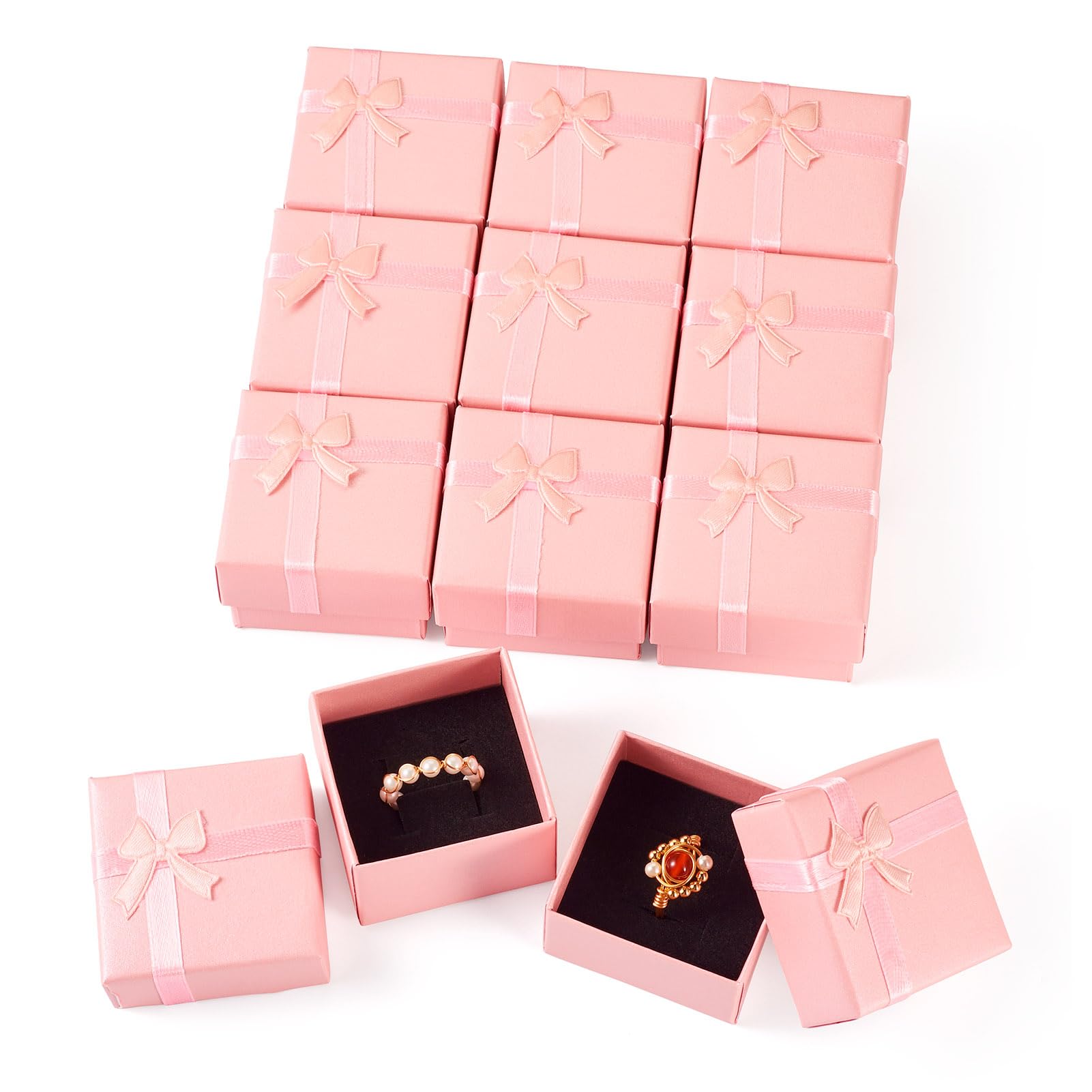 Cheriswelry 12 Pack Cardboard Rings Boxes 5x5cm Jewellery Ring Gift Box Bulk with Black Sponge Inside for Proposal Engagement Wedding Anniversary Pink - Image 3