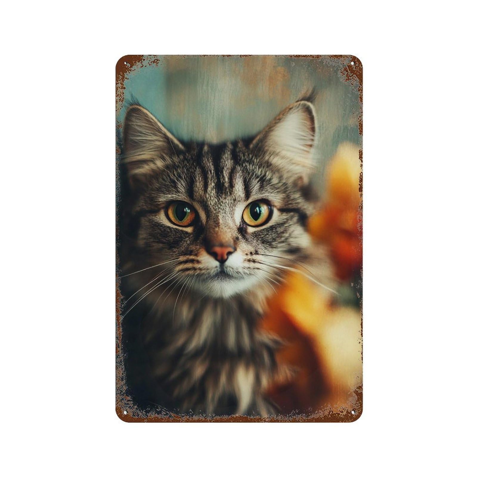 Adorable Tabby Cat Close-Up 11.8"x7.9" Weathered Tin Sign, Shabby Chic Decor for Farmhouse, Kitchen And Entryway Decor