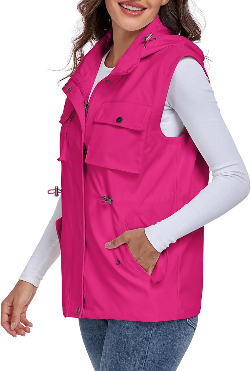Women's Military Utility Vest Sleeveless Drawstring Jackets Waterproof Cargo Vest Outerwear with Removable Hood - Image 4