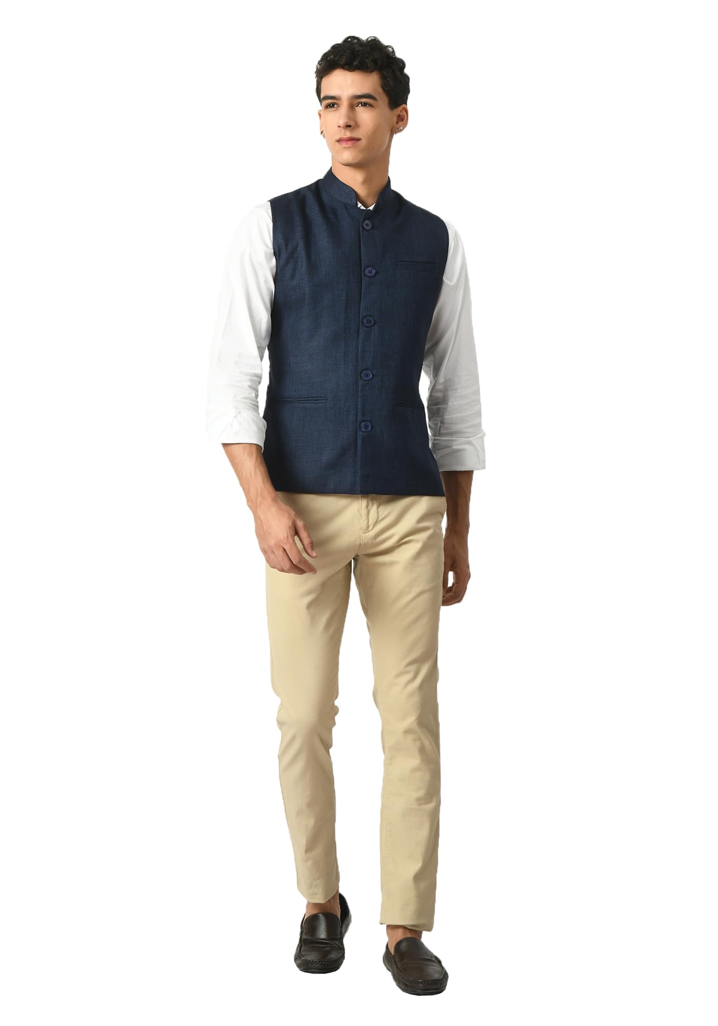 Men Solid Cotton Blended Nehru Jacket/Modi Waistcoat (Navy Blue,Single)-image-2