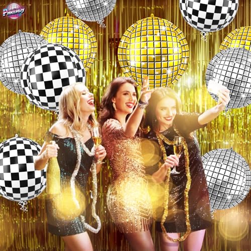 Image of 6pcs 22 Inch Gold Disco Ball Balloons, Silver Big Disco Balloons, Black White 4d Large Foil Balloon For Birthday Baby Shower Car Theme Party Wedding Engagement Celebration Graduation Decorations