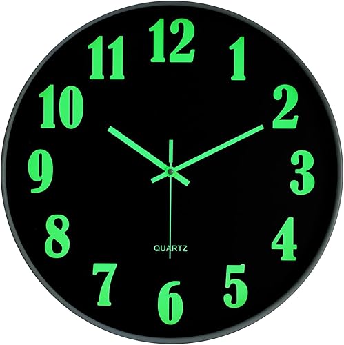 Miniatura 8 de JoFomp Reloj de pared que brilla en la oscuridad, 12 pulgadas, moderno, silencioso y sin tictac, funciona con pilas, reloj de pared con luz nocturna