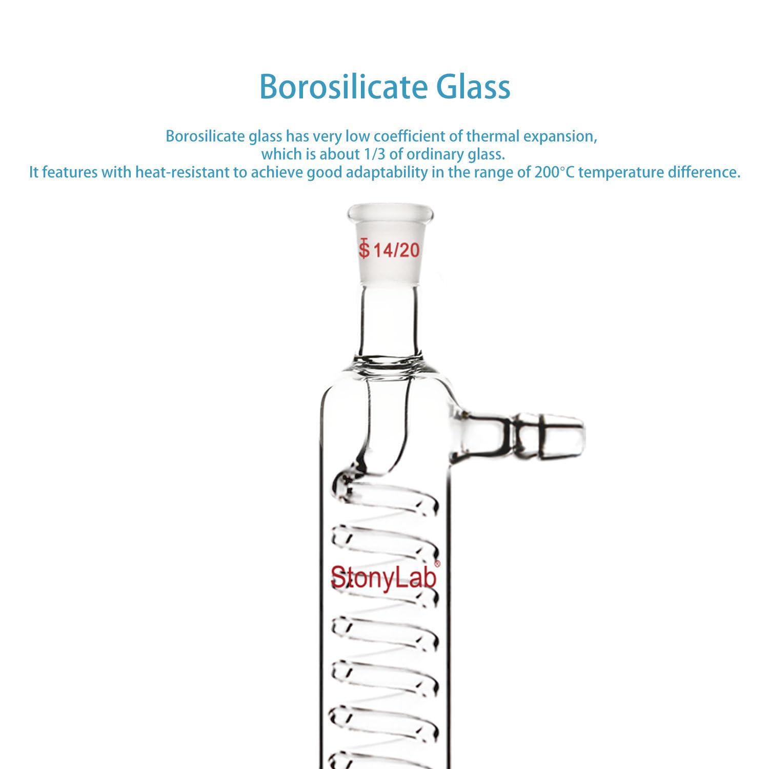 stonylab Condensatore Graham in Vetro Borosilicato con Giunto 14/20, Lunghezza del Guscio 200 mm, Condensatore in Vetro per Laboratorio