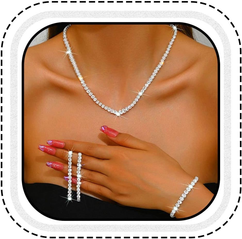 Unicra Rhinestone Bridal Wedding Jewelry Set Silver Necklace Earrings Bracelet Sets Prom Formal Costume Jewelry Sets for Women and Brides