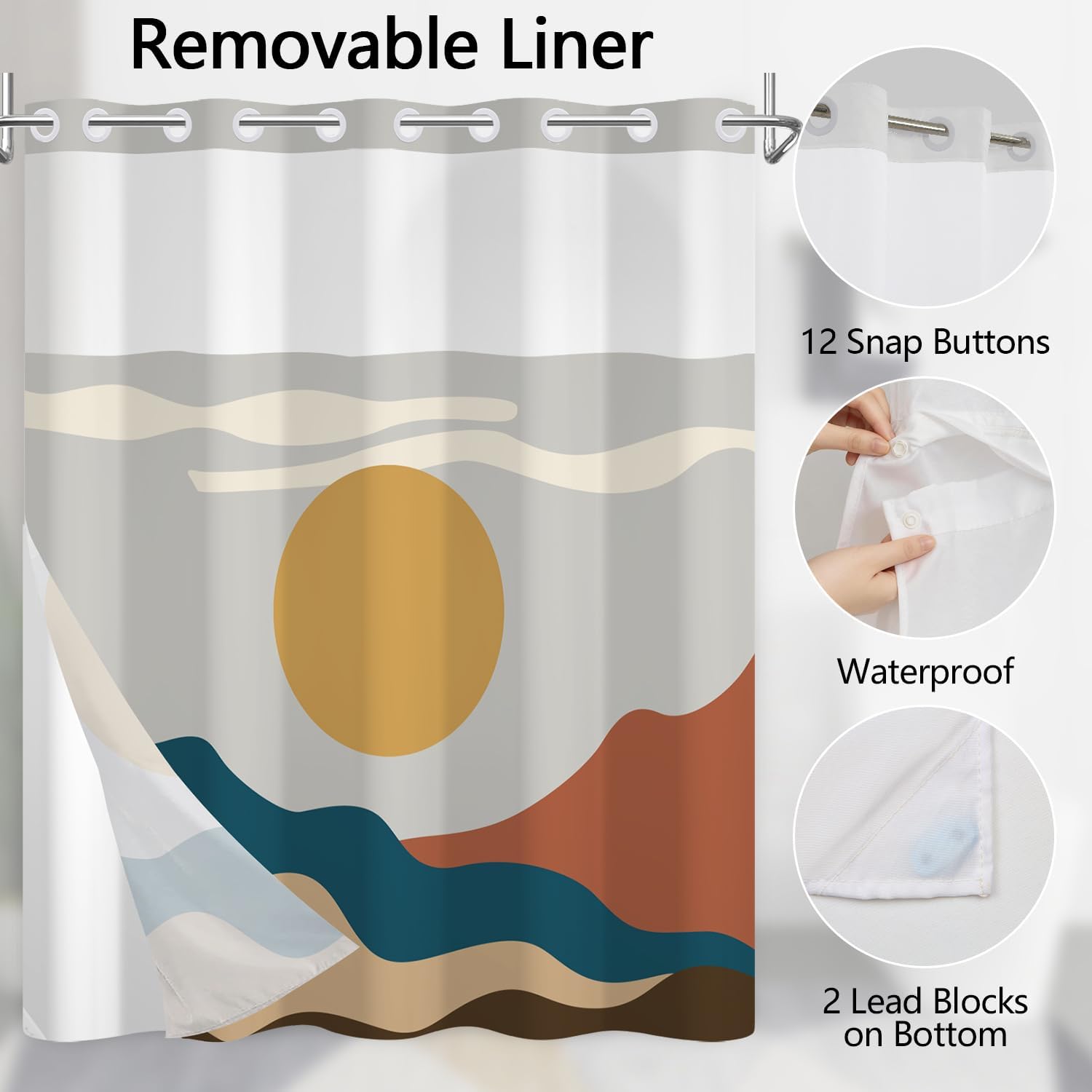 No Hook Boho Shower Curtain with Snap in Liner Set, Abstract Mid Century Sun & Mountain Design, Waterproof Fabric Shower Curtains for Bathroom with Mesh Top Window, 71x74 inch