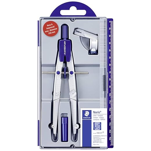 Staedtler Noris 550, Compas scolaire de précision à réglage rapide et micrométrique, Idéal pour l'école et le collège, Coffret avec adaptateur universel, 550 01