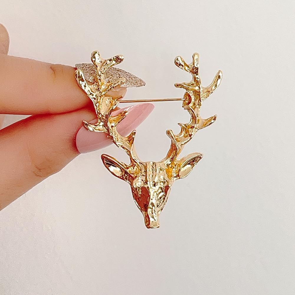 Retro Rustic Antler Brooch Boho Animal Deer Head Lapel Pin for Women Christmas Holiday Festive Party Jewelry for Jacket, Scarf, Coat