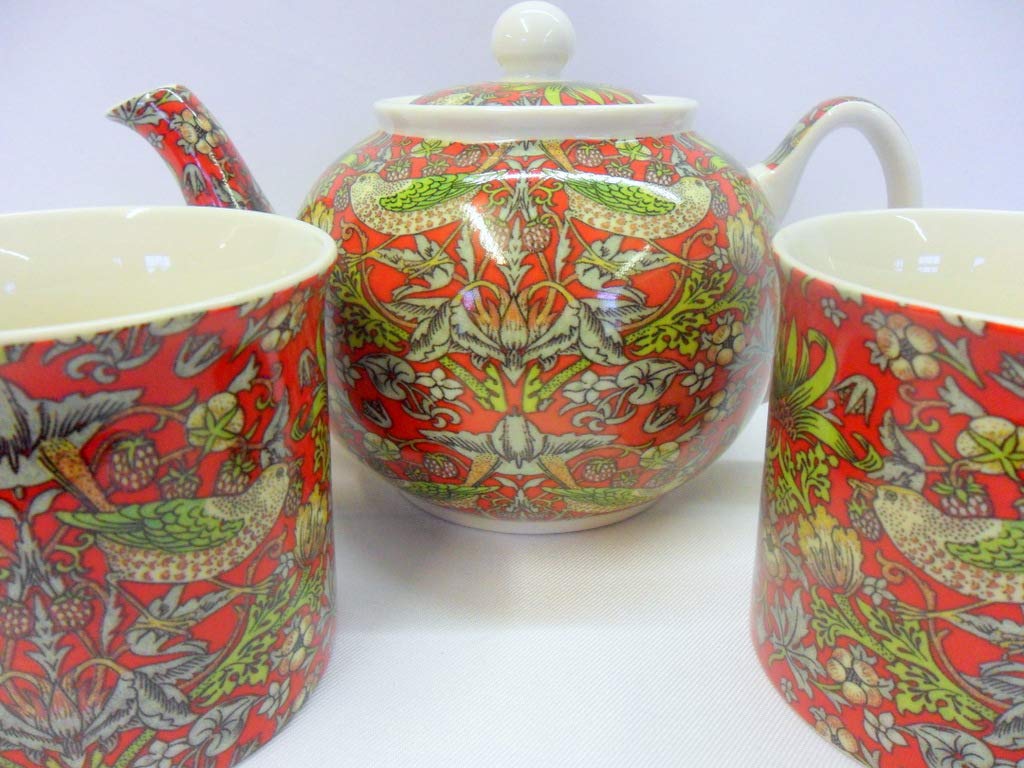 Heron Cross Pottery Assorted Tea For Two In William Morris Red Strawberry Thief Design By The Abbeydale Collection.