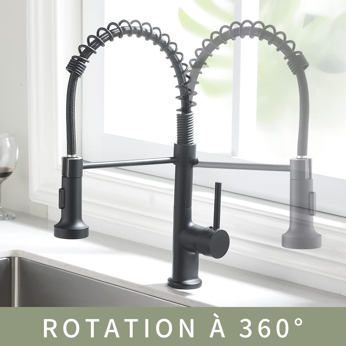 AIMADI Robinet de Cuisine Noir Mat, Mitigeur Évier à Bec Extraible et RotatifRobinet de Cuisine, Mitigeur Évier à Bec Extraible et Rotatif 360° avec Douchette 2 Jets,Robinet Moderne à Levier Unique