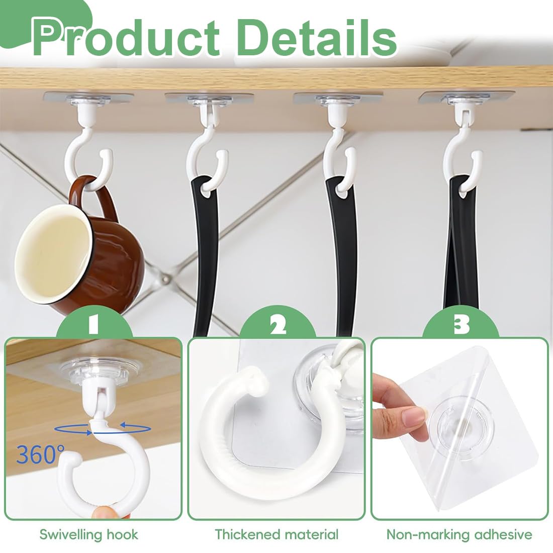 Gancio Girevole Da Soffitto Autoadesivo A 360°, Non Foratura, Adesivi Da Parete Per Asciugamani E Bagno, Ganci Impermeabile Per Tende, Cucina, Ufficio, 8 Pezzi, Bianco