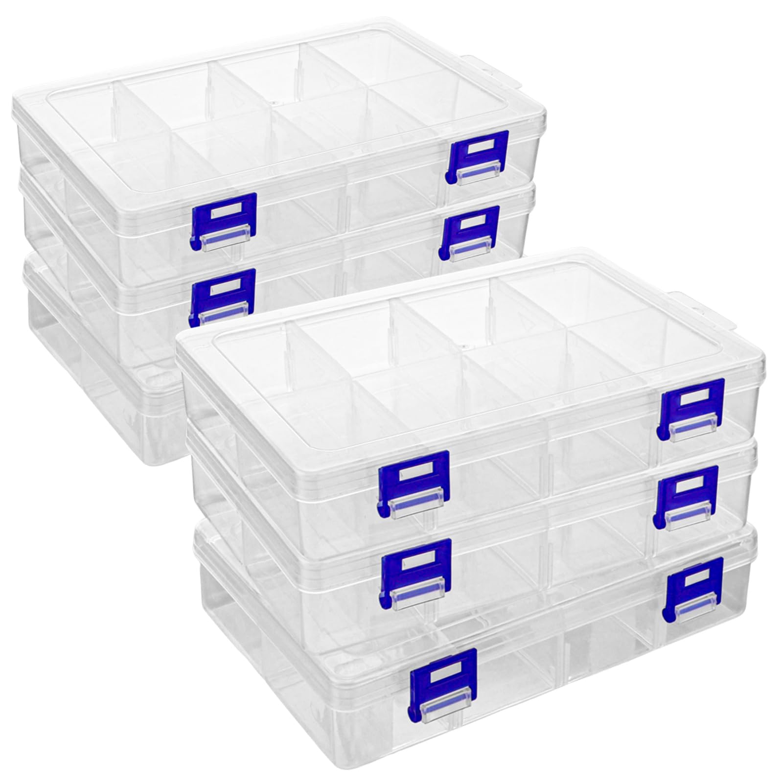 LDHHYH 6 Pieces Transparent Plastic Storage Boxes 20 x 13.5 x 4.5 cm, Plastic Organizer Box, with 8 Large Compartments, Storage Box for Earrings, Jewelry, Screws