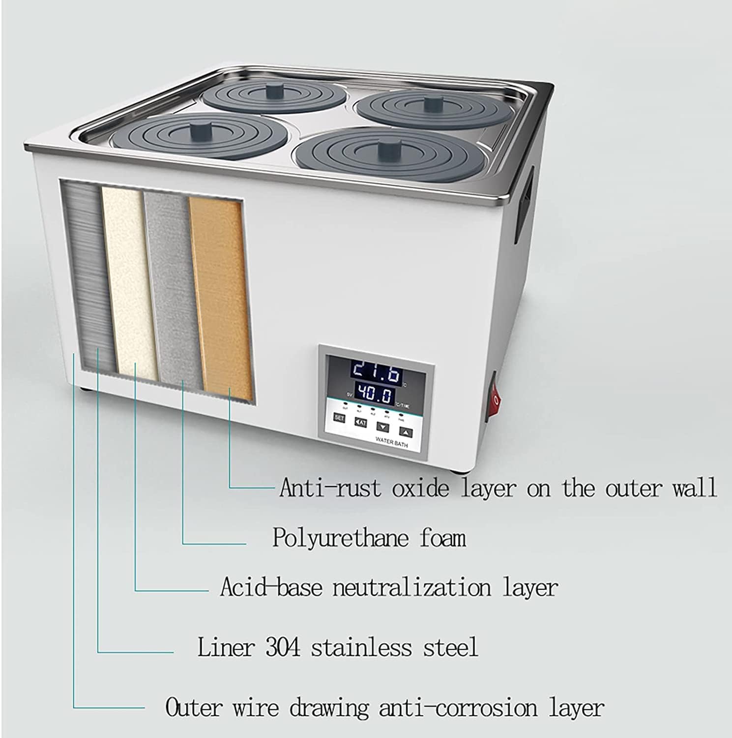 Baño María termostático digital para laboratorio, calentador eléctrico para baño María, baño María de laboratorio con calentamiento científico, revestimiento de acero inoxidable (4 orificios)