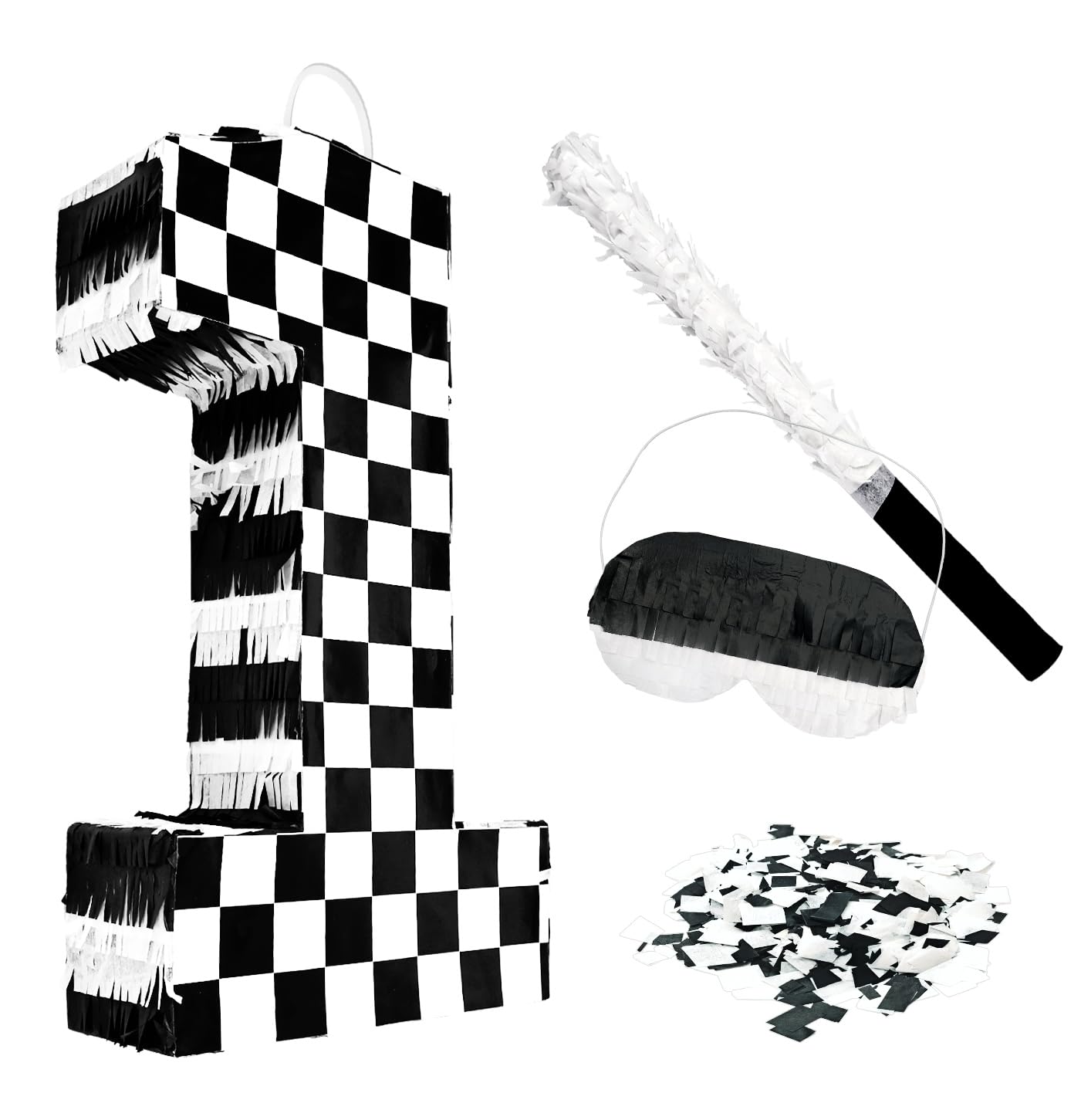 AVXINSOK Checkered Number 1 Pinata with Stick and Blindfold Black and White Race Car Pinata for Kids 1st Birthday Anniversary Racing Car Party